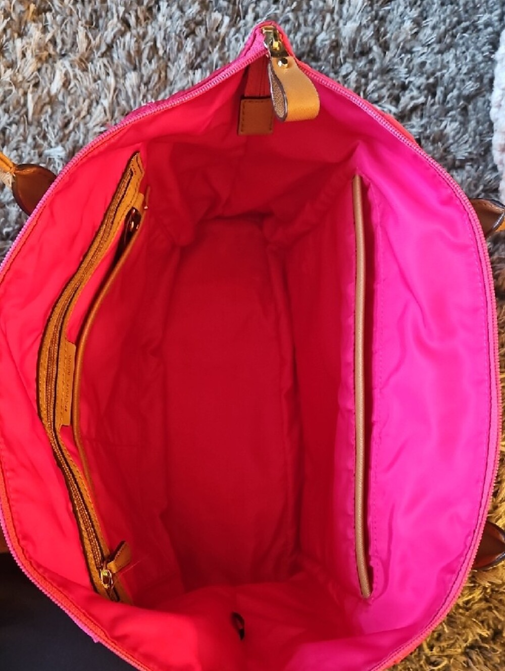 Michael Kors Hot Pink Nylon Tote with Tan Leather Handles - Picture 3 of 10